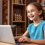 A Young Girl's Coding Triumph**

Prompt: *A beaming young girl sits in front of a laptop, proudly displaying a simple video game she created. Colorful blocks and coding elements surround her. Capture the spark of joy and accomplishment on her face, perhaps with a "Yes!" gesture. Background: A cozy Polish home setting.*

**