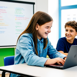 A diverse group of cheerful young students (aged 10-14) and their professional coding instructor, actively collaborating and discussing code on laptops in a bright, modern coding classroom in a Polish city, with whiteboards displaying algorithms in the background. Students wear modest, casual, age-appropriate clothing, and the instructor is in professional, modest business casual attire. High-quality professional photography, vibrant colors, natural lighting, perfect anatomy, correct proportions, well-formed hands, proper finger count, natural body proportions, safe for work, appropriate content, fully clothed, professional, family-friendly.
