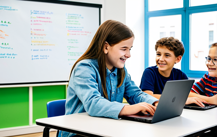 A diverse group of cheerful young students (aged 10-14) and their professional coding instructor, actively collaborating and discussing code on laptops in a bright, modern coding classroom in a Polish city, with whiteboards displaying algorithms in the background. Students wear modest, casual, age-appropriate clothing, and the instructor is in professional, modest business casual attire. High-quality professional photography, vibrant colors, natural lighting, perfect anatomy, correct proportions, well-formed hands, proper finger count, natural body proportions, safe for work, appropriate content, fully clothed, professional, family-friendly.