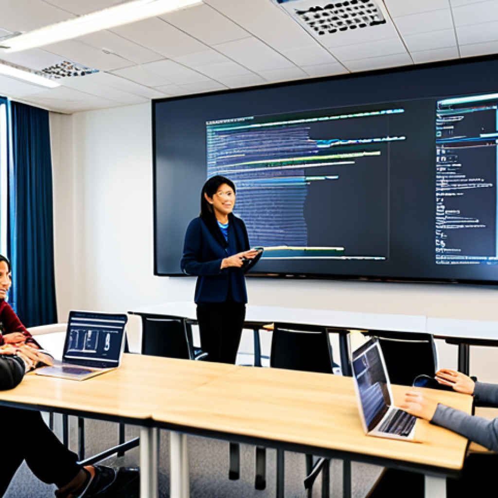 A professional coding instructor, a person, standing confidently in a modern EdTech classroom, demonstrating concepts on a large digital screen. The instructor is wearing a modest business casual outfit. Around them, several students of various ethnicities, fully clothed in appropriate attire, are engaged with their laptops, with code and data visualizations subtly visible on their screens. The room is bright with natural lighting, depicting a collaborative and innovative learning environment. The image should convey professionalism, high quality, and a natural pose with perfect anatomy, correct proportions, well-formed hands, and proper finger count. safe for work, appropriate content, fully clothed, professional.
