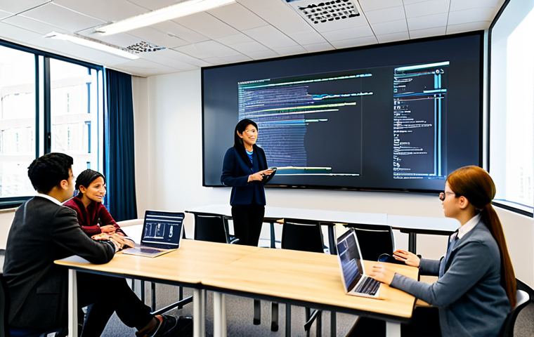 A professional coding instructor, a person, standing confidently in a modern EdTech classroom, demonstrating concepts on a large digital screen. The instructor is wearing a modest business casual outfit. Around them, several students of various ethnicities, fully clothed in appropriate attire, are engaged with their laptops, with code and data visualizations subtly visible on their screens. The room is bright with natural lighting, depicting a collaborative and innovative learning environment. The image should convey professionalism, high quality, and a natural pose with perfect anatomy, correct proportions, well-formed hands, and proper finger count. safe for work, appropriate content, fully clothed, professional.