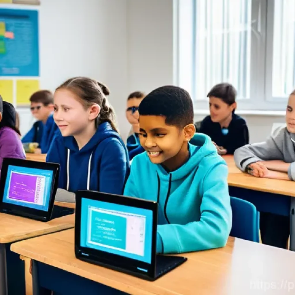 코딩교육지도사 취업 후 1년 차 경험담 - **Prompt:** A vibrant and modern coding classroom in Poland filled with diverse children, aged appro...