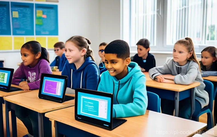 코딩교육지도사 취업 후 1년 차 경험담 - **Prompt:** A vibrant and modern coding classroom in Poland filled with diverse children, aged appro...