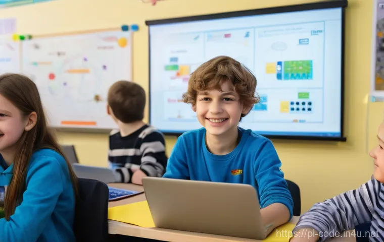 코딩교육지도사 취업 후 1년 차 경험담 - **Prompt:** A vibrant and modern coding classroom in Poland filled with diverse children, aged appro...