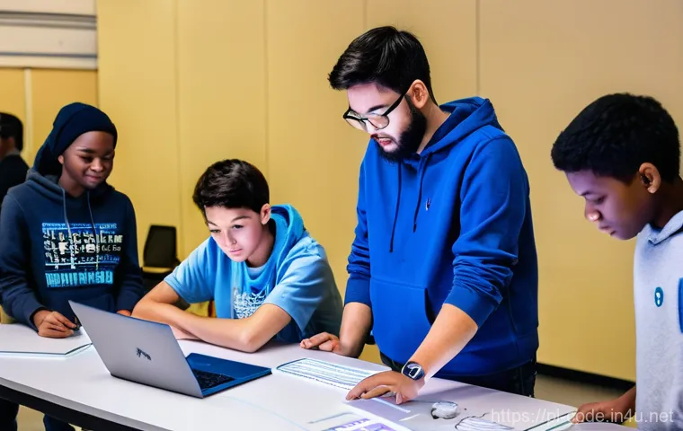 코딩교육지도사 시험 준비를 위한 추천 도서 - **Prompt:** A vibrant, sunlit classroom filled with enthusiastic primary school children (aged 6-9) ...