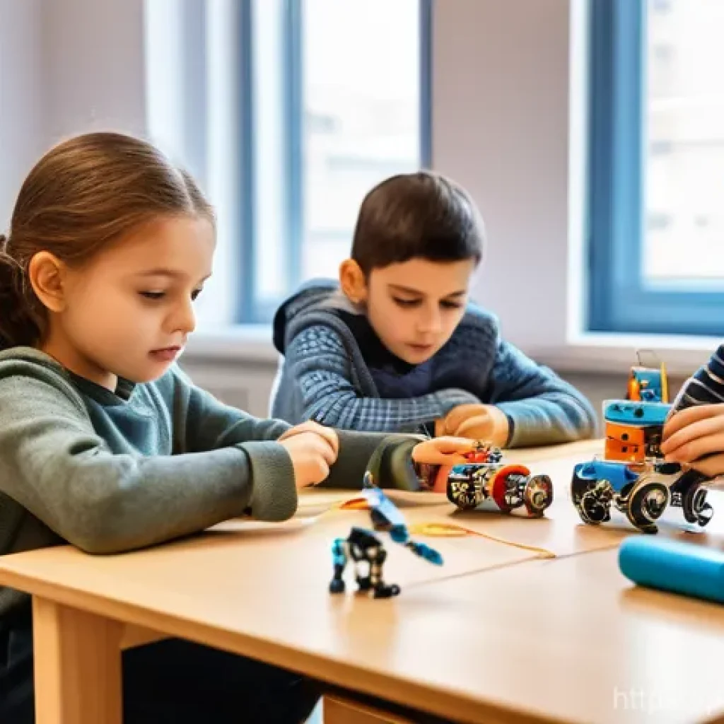 코딩교육지도사와 협업 기반 교육 사례 - **A vibrant, modern classroom in a Polish school, buzzing with elementary students (ages 8-10) engag...