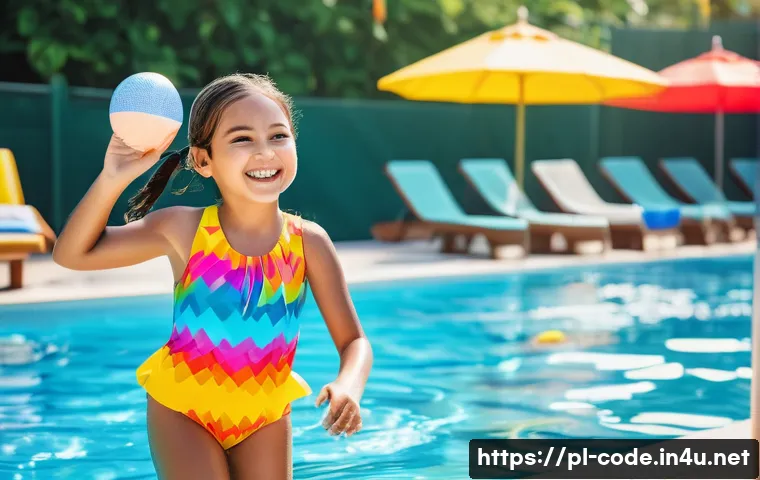 코딩교육지도사로서 교육 컨설팅 사례 - **A young girl (8 years old) wearing a colorful, age-appropriate swimsuit with a cute cartoon design...