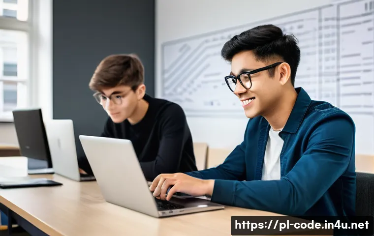 코딩교육지도사와 1대1 맞춤형 강의 사례 - A focused young adult student, dressed in smart casual attire, sits at a modern desk with a laptop d...