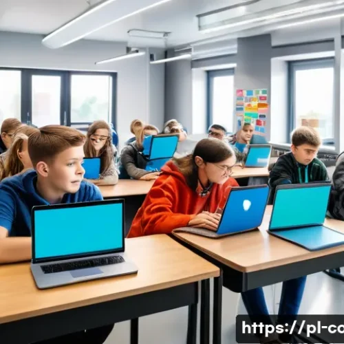코딩교육지도사 시험에서 자주 출제되는 주제 - A modern classroom scene in Poland with diverse teenage students sitting at desks using laptops, eng...