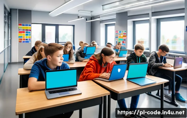코딩교육지도사 시험에서 자주 출제되는 주제 - A modern classroom scene in Poland with diverse teenage students sitting at desks using laptops, eng...
