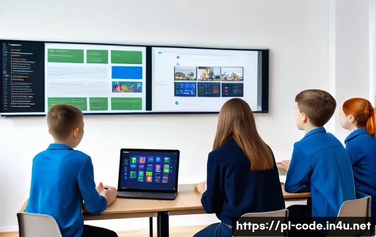 코딩교육지도사 자격증의 시험 제도 개편 소식 - A modern classroom scene in Poland featuring a diverse group of students aged 12-16 engaged in a pro...