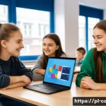 코딩교육지도사와 학습 지원 도구 사례 - A modern classroom scene in Poland with diverse teenage students actively engaged in coding on lapto...