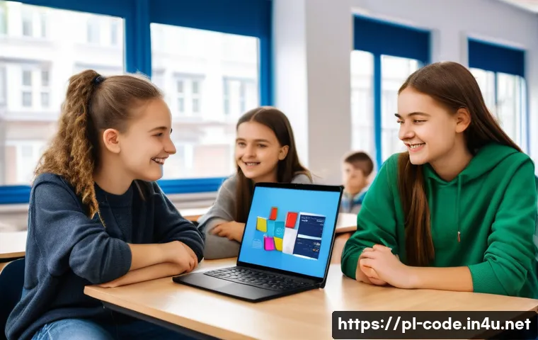 코딩교육지도사와 학습 지원 도구 사례 - A modern classroom scene in Poland with diverse teenage students actively engaged in coding on lapto...
