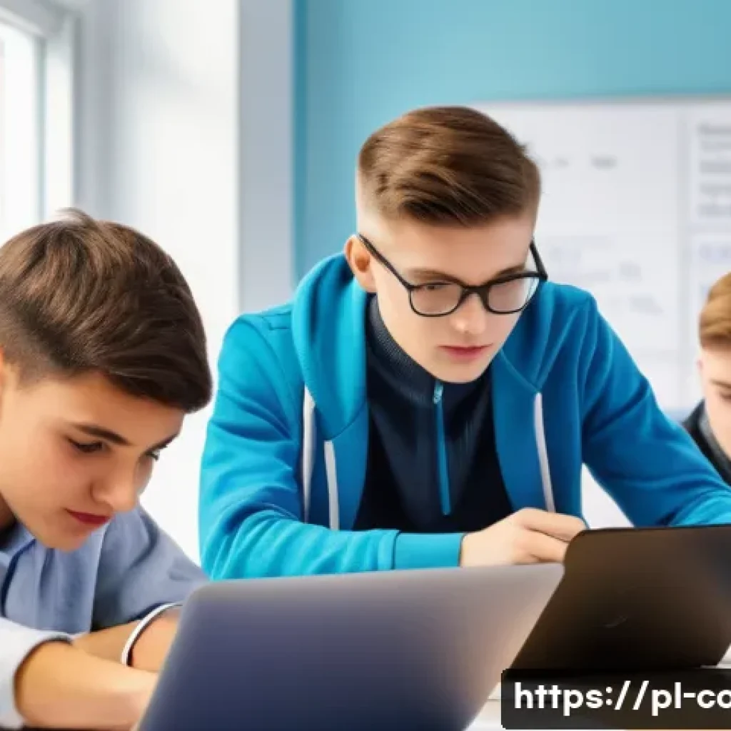 코딩교육지도사와 실습 문제 제작 - A modern classroom scene in Poland with a diverse group of students aged around 15, working collabor...