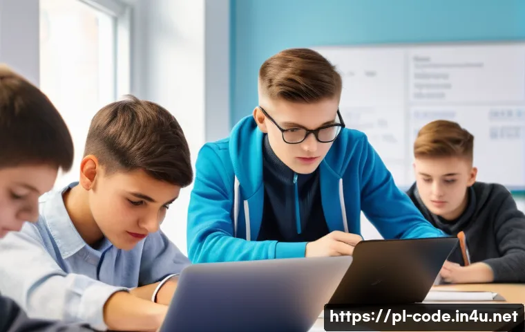 코딩교육지도사와 실습 문제 제작 - A modern classroom scene in Poland with a diverse group of students aged around 15, working collabor...