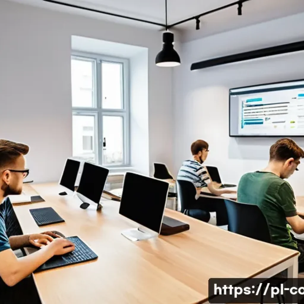 코딩교육지도사 시험 준비에 도움 되는 앱 - A modern, bright co-working space filled with young Polish programmers using laptops and tablets, en...