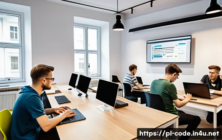 코딩교육지도사 시험 준비에 도움 되는 앱 - A modern, bright co-working space filled with young Polish programmers using laptops and tablets, en...