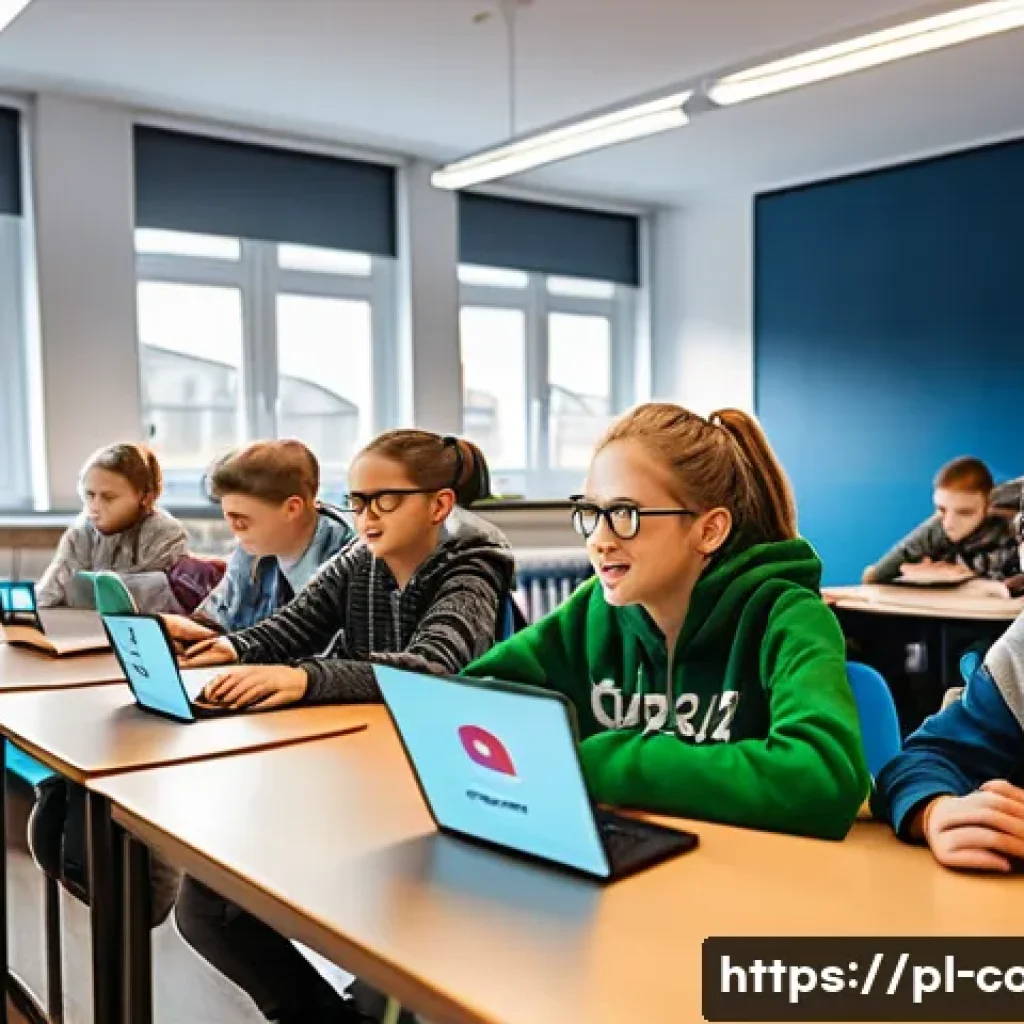 코딩교육지도사와 AI 기반 학습 도구 - A modern classroom scene in a Polish school featuring a diverse group of teenage students using inte...