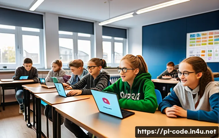 코딩교육지도사와 AI 기반 학습 도구 - A modern classroom scene in a Polish school featuring a diverse group of teenage students using inte...