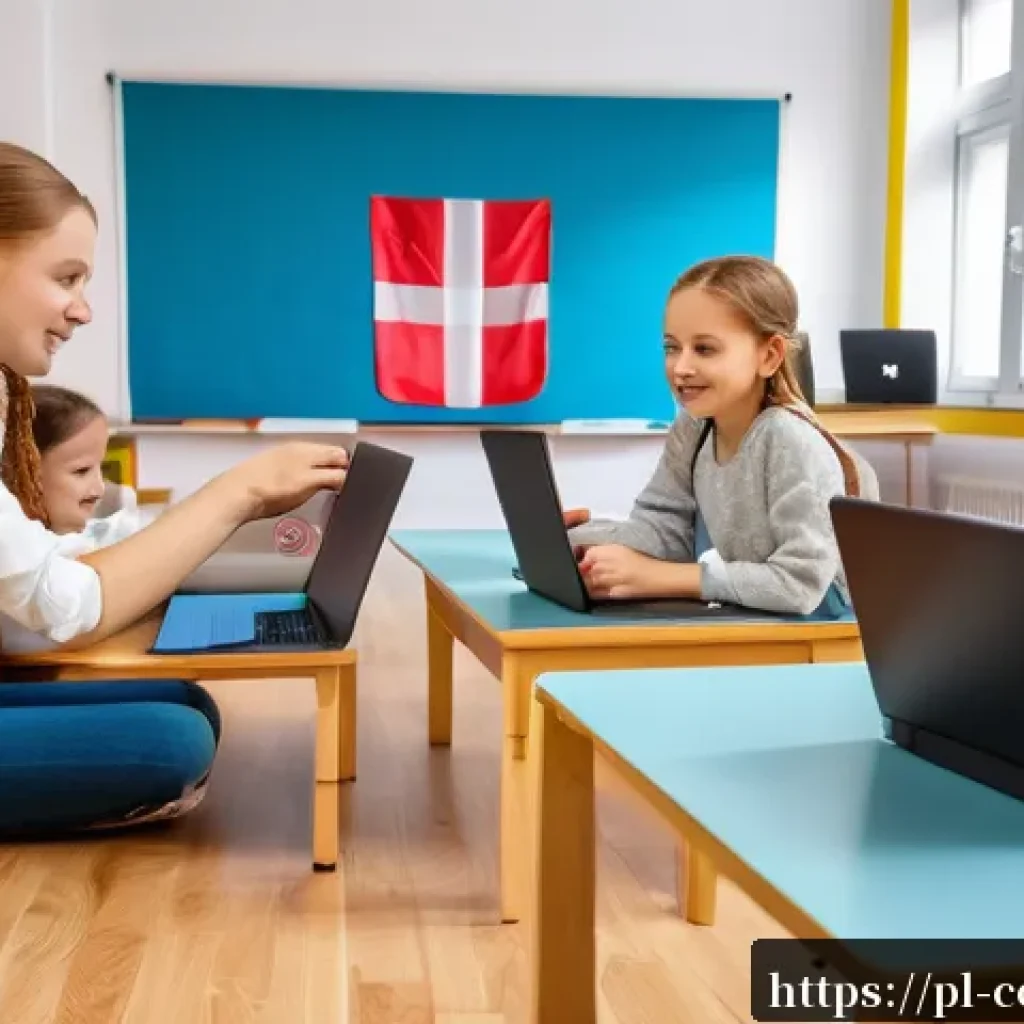 코딩교육지도사와 프로젝트 기반 학습 사례 - A bright and modern classroom setting in Poland, showing a diverse group of young students aged 8-12...