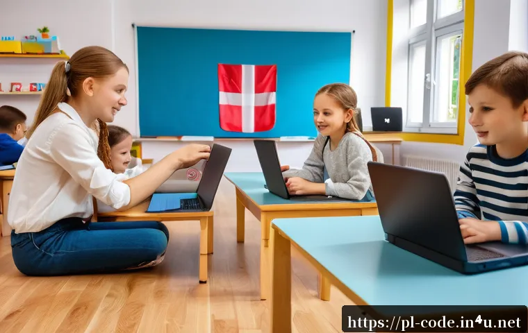 코딩교육지도사와 프로젝트 기반 학습 사례 - A bright and modern classroom setting in Poland, showing a diverse group of young students aged 8-12...