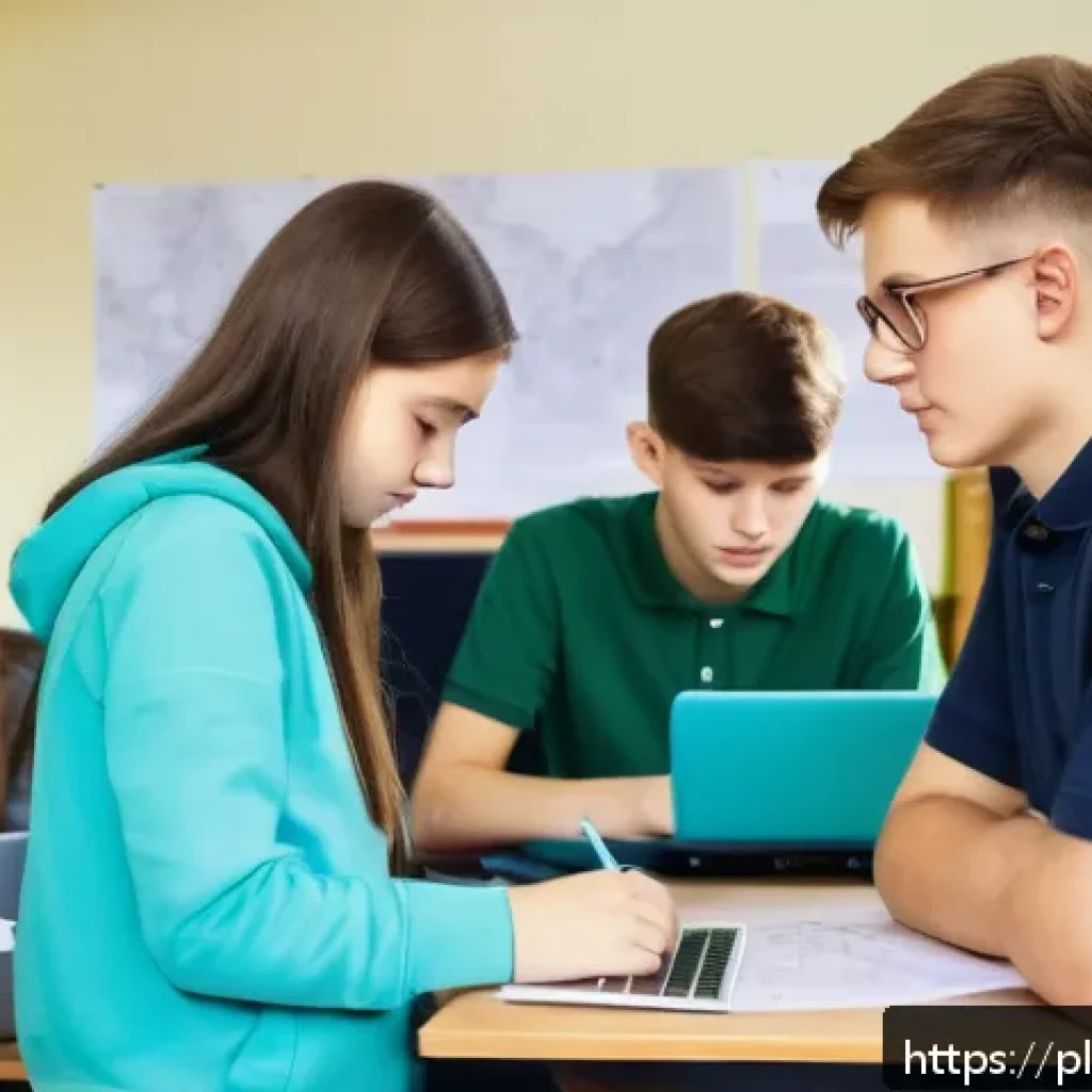 코딩교육지도사로서 팀워크 중심 수업 운영 - A modern classroom scene in Poland with a diverse group of teenage students collaborating on a progr...