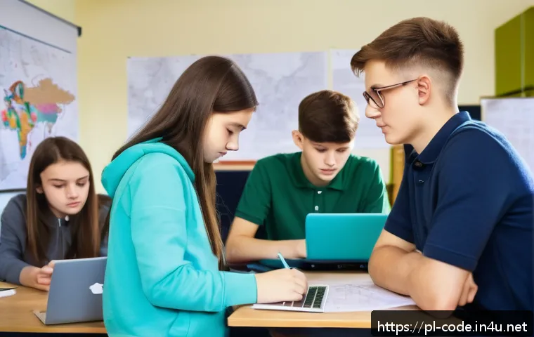 코딩교육지도사로서 팀워크 중심 수업 운영 - A modern classroom scene in Poland with a diverse group of teenage students collaborating on a progr...