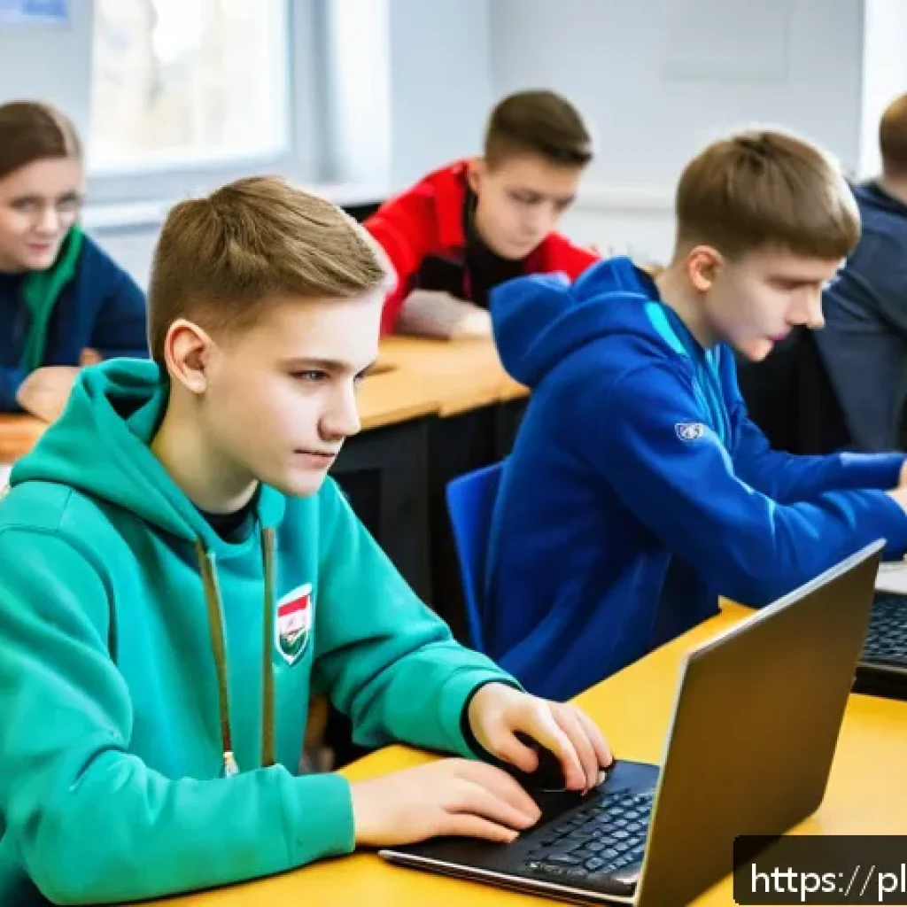 코딩교육지도사로서 코딩 대회를 주최하는 방법 - A lively programming competition scene in a modern Polish high school computer lab, featuring divers...