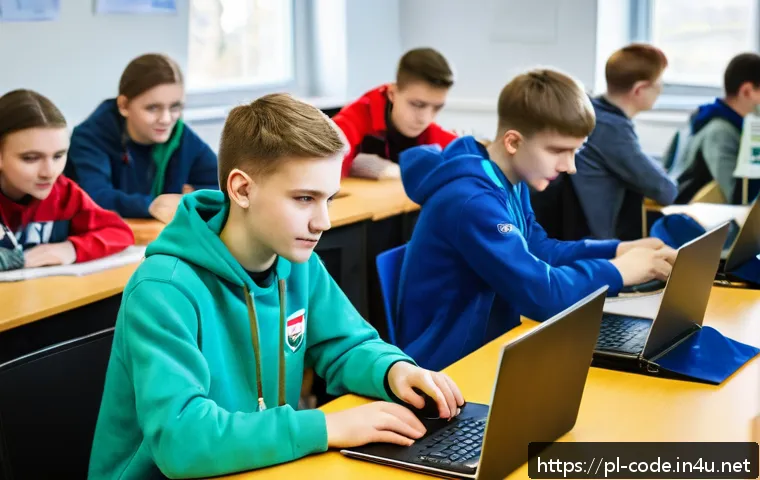 코딩교육지도사로서 코딩 대회를 주최하는 방법 - A lively programming competition scene in a modern Polish high school computer lab, featuring divers...