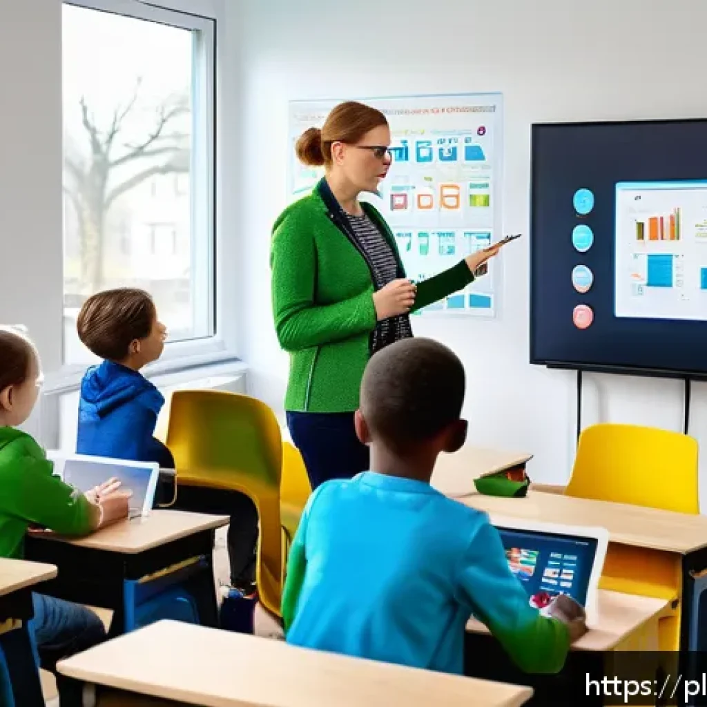 코딩교육지도사와 취업용 포트폴리오 예시 - A professional educator in a modern classroom setting, teaching coding to children aged 8-12 who are...