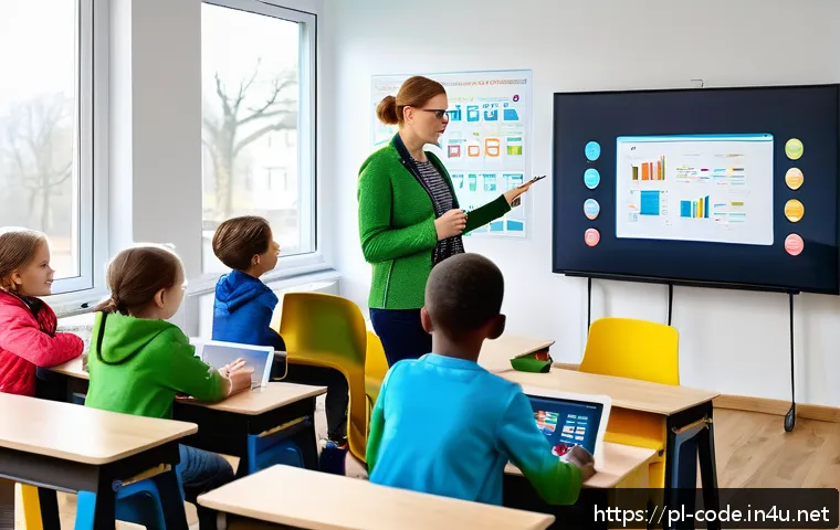 코딩교육지도사와 취업용 포트폴리오 예시 - A professional educator in a modern classroom setting, teaching coding to children aged 8-12 who are...
