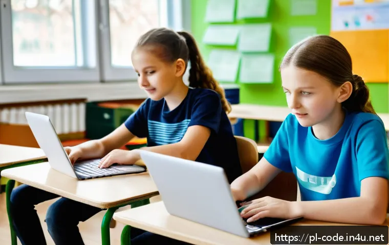 코딩교육지도사와 정규 교육 과정과의 융합 - A bright and modern Polish classroom with children aged 10-12 working collaboratively on coding proj...