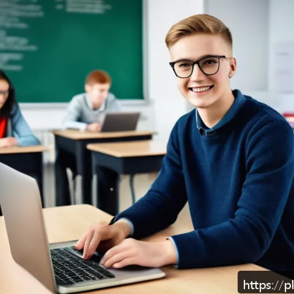 코딩교육지도사와 직무 만족도 설문 조사 - A modern classroom scene in a Polish high school where a motivated programming teacher, wearing smar...