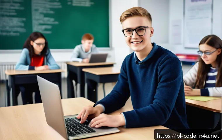 코딩교육지도사와 직무 만족도 설문 조사 - A modern classroom scene in a Polish high school where a motivated programming teacher, wearing smar...
