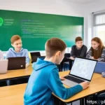 Home 18 코딩교육지도사와 청소년 교육의 연결점 - A modern Polish classroom setting with a diverse group of teenagers aged 13-16 collaboratively worki...