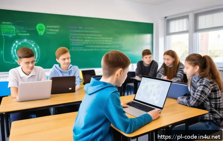 코딩교육지도사와 청소년 교육의 연결점 - A modern Polish classroom setting with a diverse group of teenagers aged 13-16 collaboratively worki...