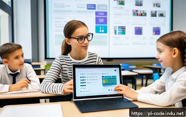 코딩교육지도사 자격증과 미래 직업 변화 - A modern Polish classroom scene featuring a confident teacher demonstrating programming concepts on ...