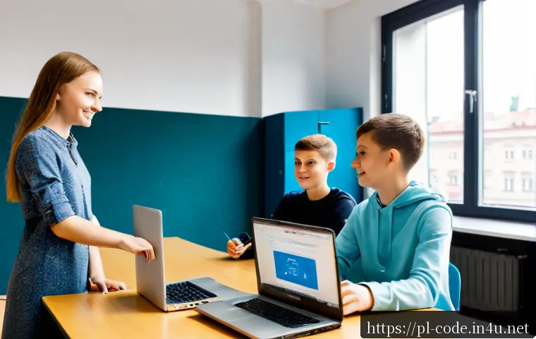 코딩교육지도사와 미래 교육 기술 - Photorealistic Polish coding education instructor guiding a diverse group of teenage students in a b...