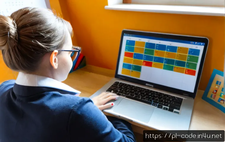 코딩교육지도사 연간 교육 계획 수립 방법 - Photorealistic Polish coding instructor seated at a tidy home-office desk, arranging colorful blank ...