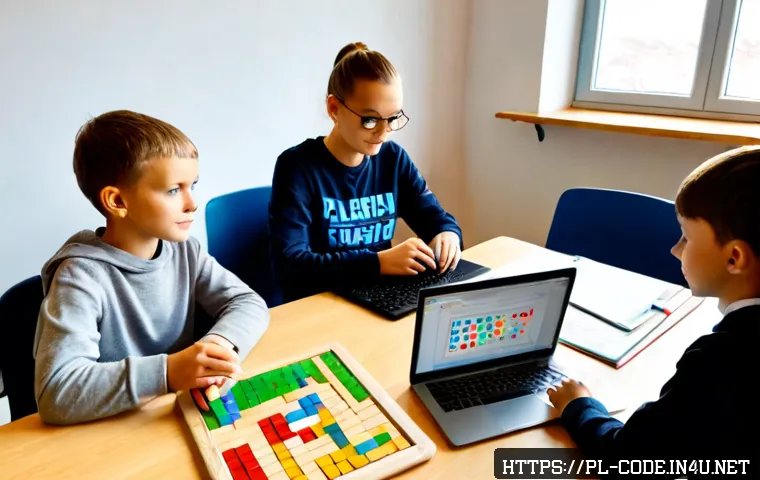 Home 17 코딩교육지도사 실무와 교육학의 조화 - Photorealistic Polish coding instructor guiding a small group of middle-school students around a tab...