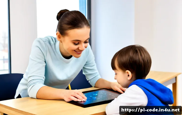 코딩교육지도사와 코딩 교육 교구 리뷰 - Photorealistic Polish coding education instructor in a bright modern classroom, warmly guiding two s...